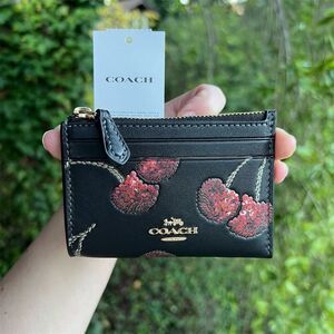COACH Mini Skinny Id Case Leather Cardholder Wallet w Cherry Print NWT AUTHENTIC